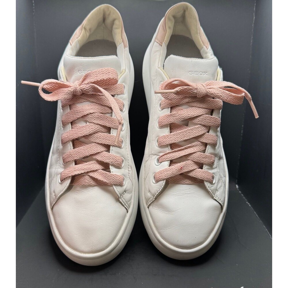 GEOX Women's White Leather Platform Sneakers w/ Pink Laces Size US 10.5 (Bx 11)